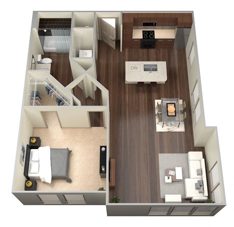 Floor plan for 1 bed, 1 bath, 694 sqft